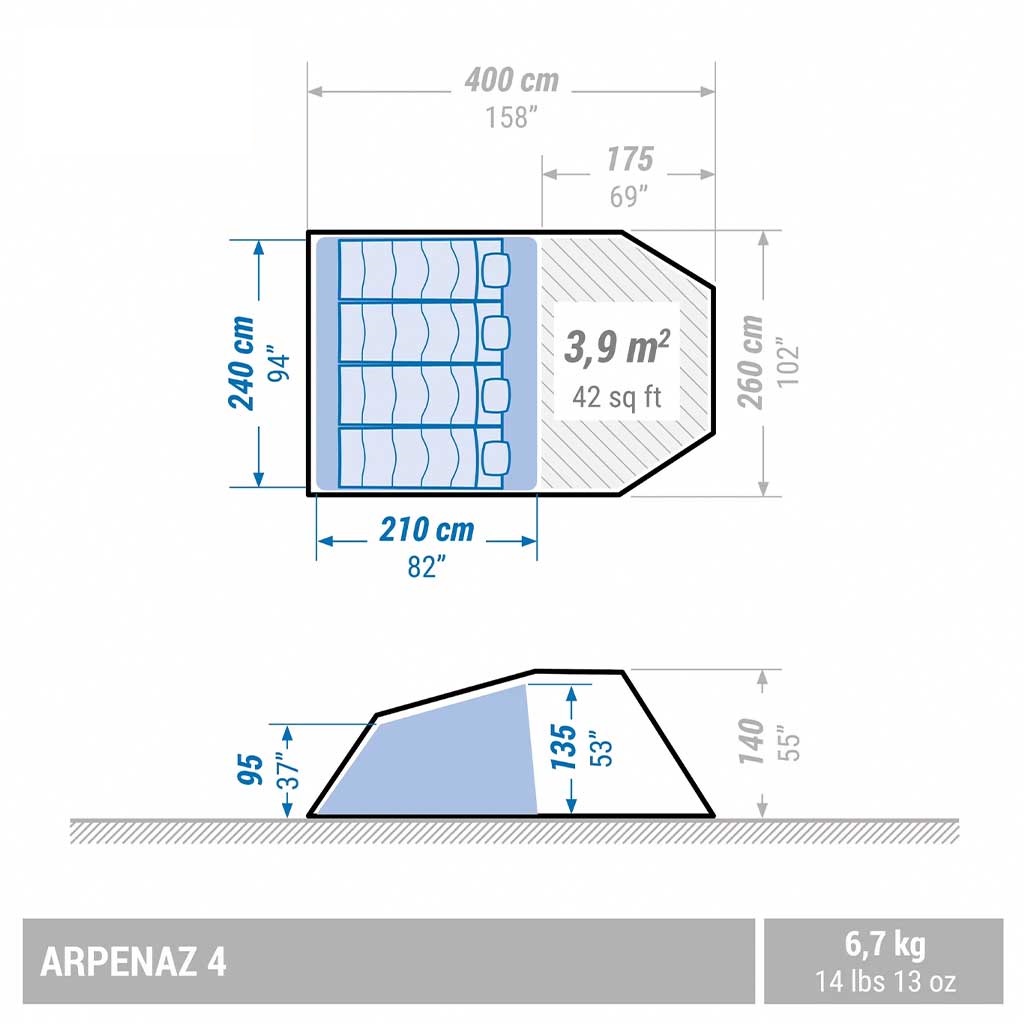ابعاد چادر مسافرتی کچوا مدل ARPENAZ FAMILY 4 tent 492344